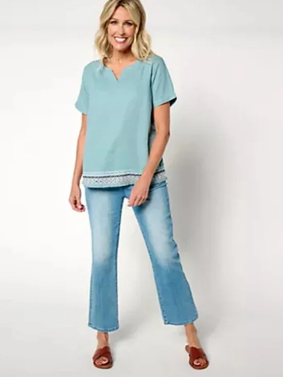 Denim & Co. Women's Top Sz 2X Naturals Linen Blend Black Embroidered A644104 - Picture 3 of 5